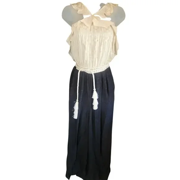 Rachel Zoe Ivory Black Halter Jumpsuit SZ 6 Ruffled Slraps Silk Tassled Tie NWT - Picture 3 of 11